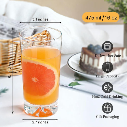 Drinking Glasses Set of 6 16oz Glass Cups W/ Wide Mouth Design,Water Glasses Bar